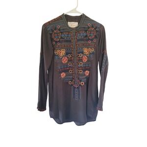 BIYA Johnny Was Embroidered Silk‎ Tunic Top Long Sleeve Bohemian Blouse XS #11